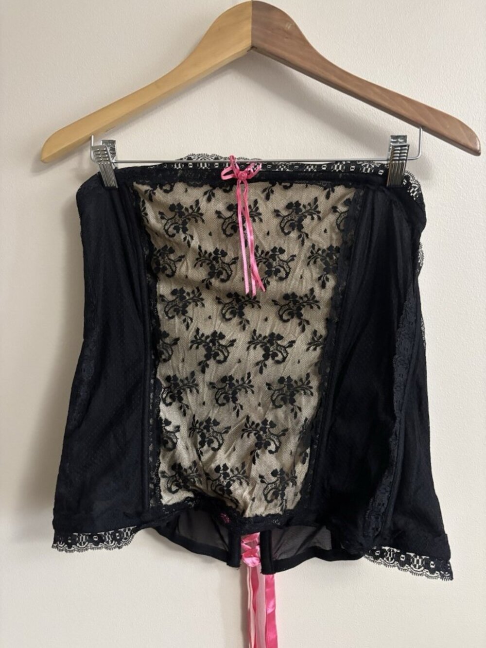 Cacique Black Beige Pink Bustier Corset Lace Up Top Sz 26/28